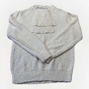 Vintage LeRoy Knitwear 1980s Ivory Textured Sweater Crochet Ruffle Front Medium